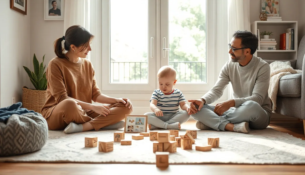 Speech therapist and toddler playing on living room floor during early intervention session