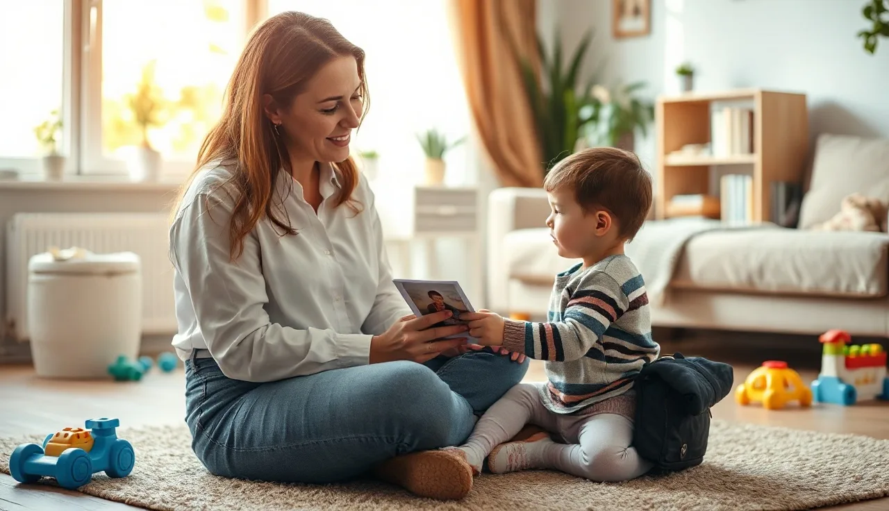 Speech therapist and toddler on living room floor during early intervention home visit