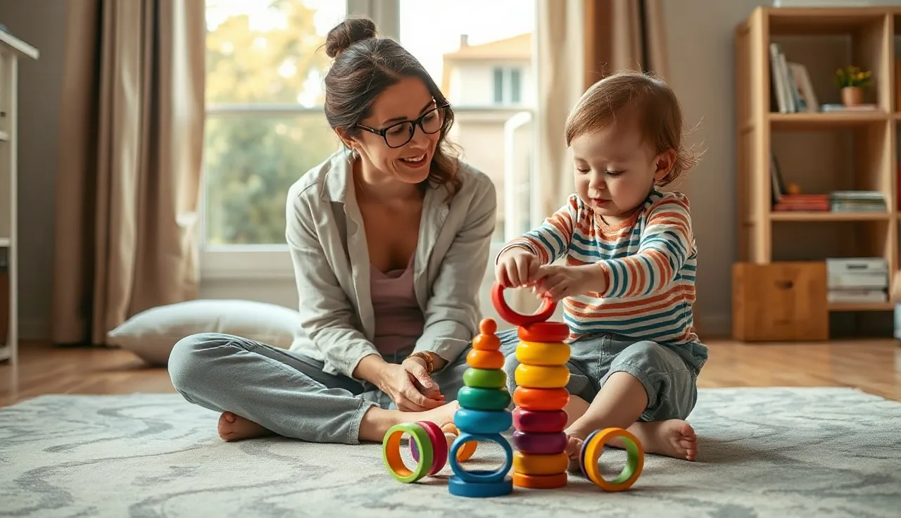 Therapist and toddler playing with stacking rings during early intervention session