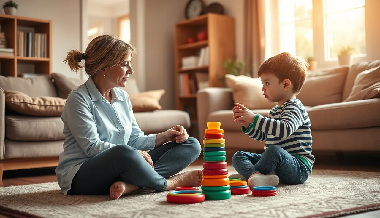 Speech therapist and toddler playing on a home living room floor during early intervention session