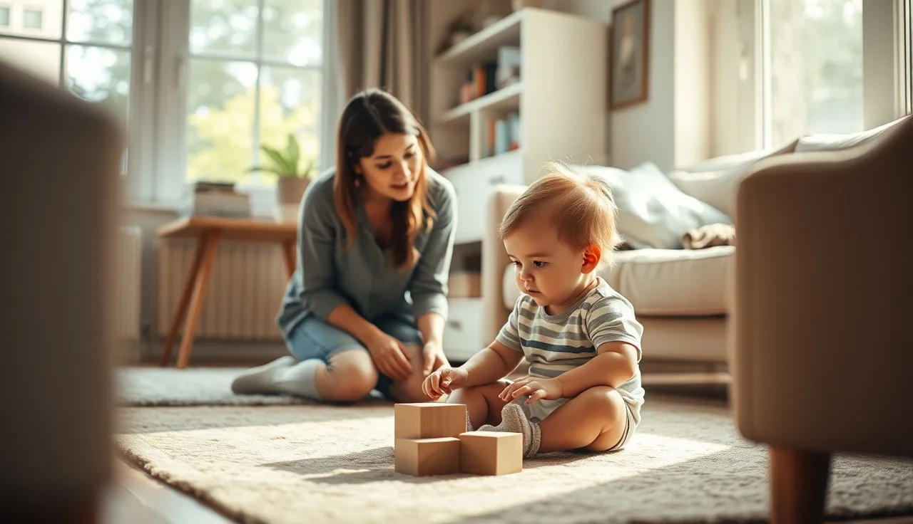 Early intervention specialist observing a toddler playing with blocks on a home living room floor