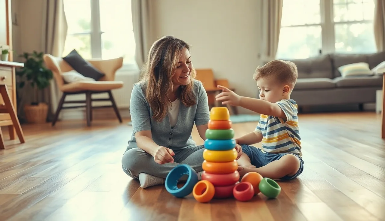 Speech-language pathologist and toddler playing on floor during early intervention speech therapy session