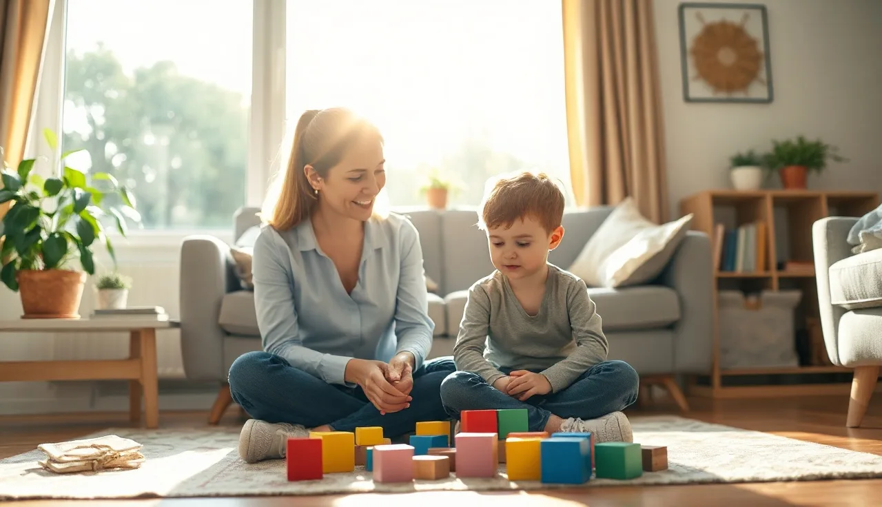 Speech therapist and toddler playing with blocks during an early intervention home visit