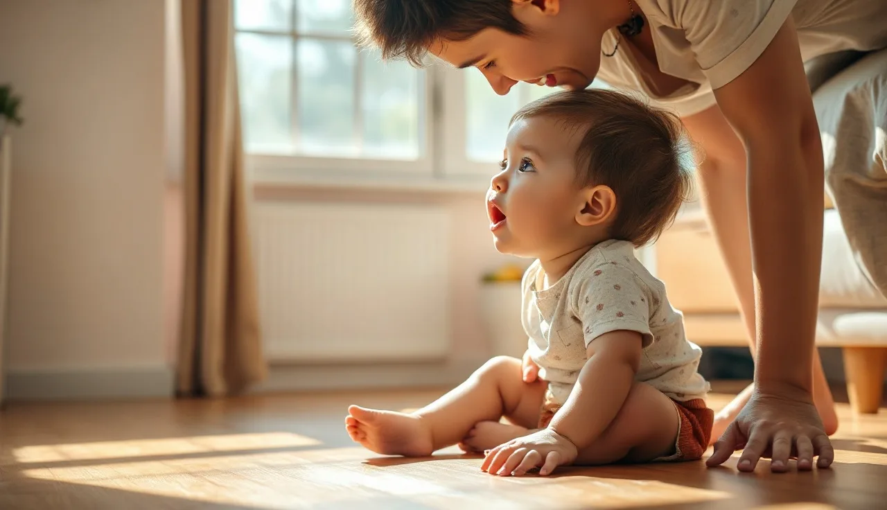 Toddler attempting to speak while parent listens attentively on living room floor