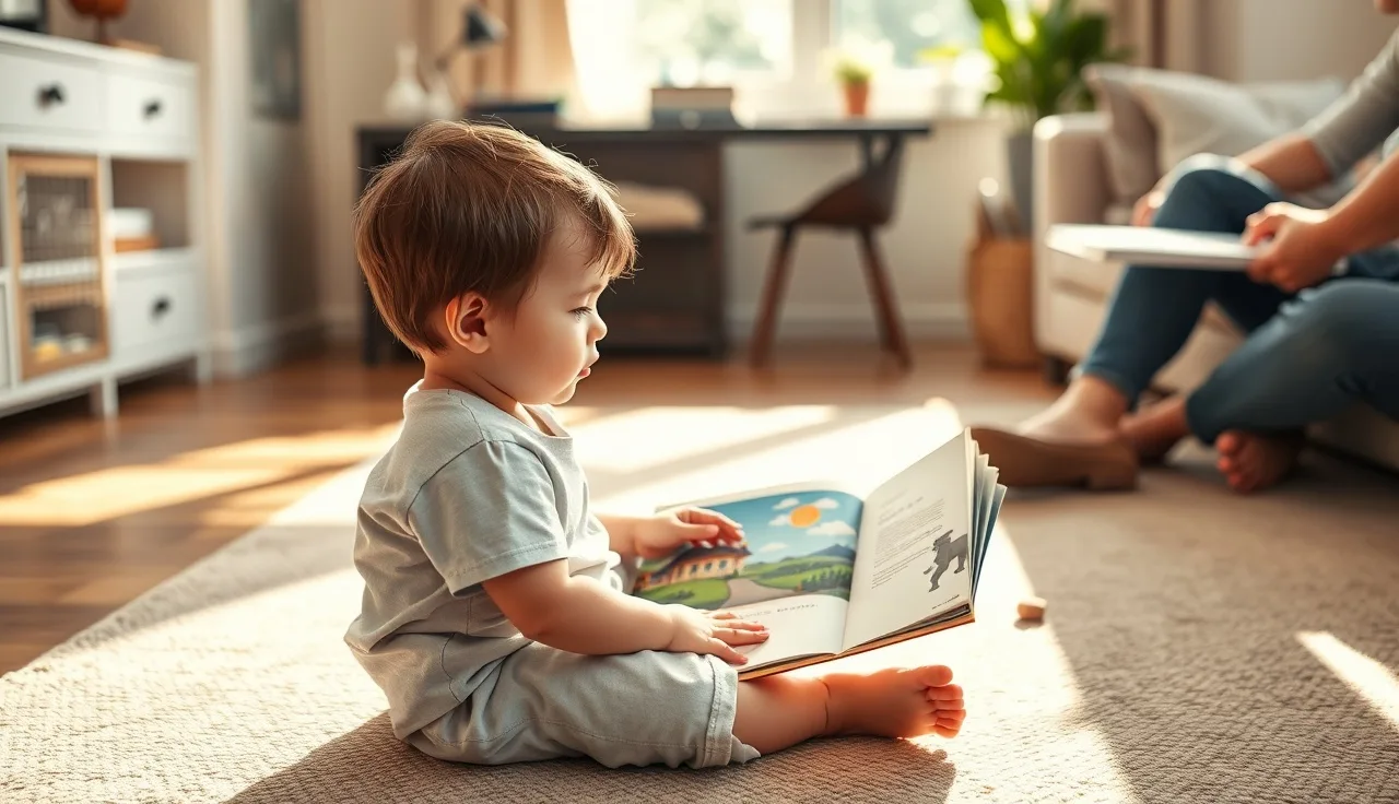 Young child studying a picture book on a sunlit living room floor with parent nearby