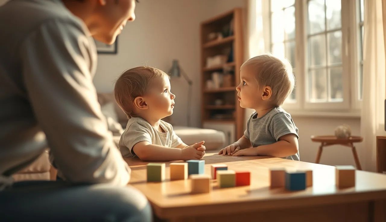 Young child and parent in conversation at a sunlit table with toy blocks