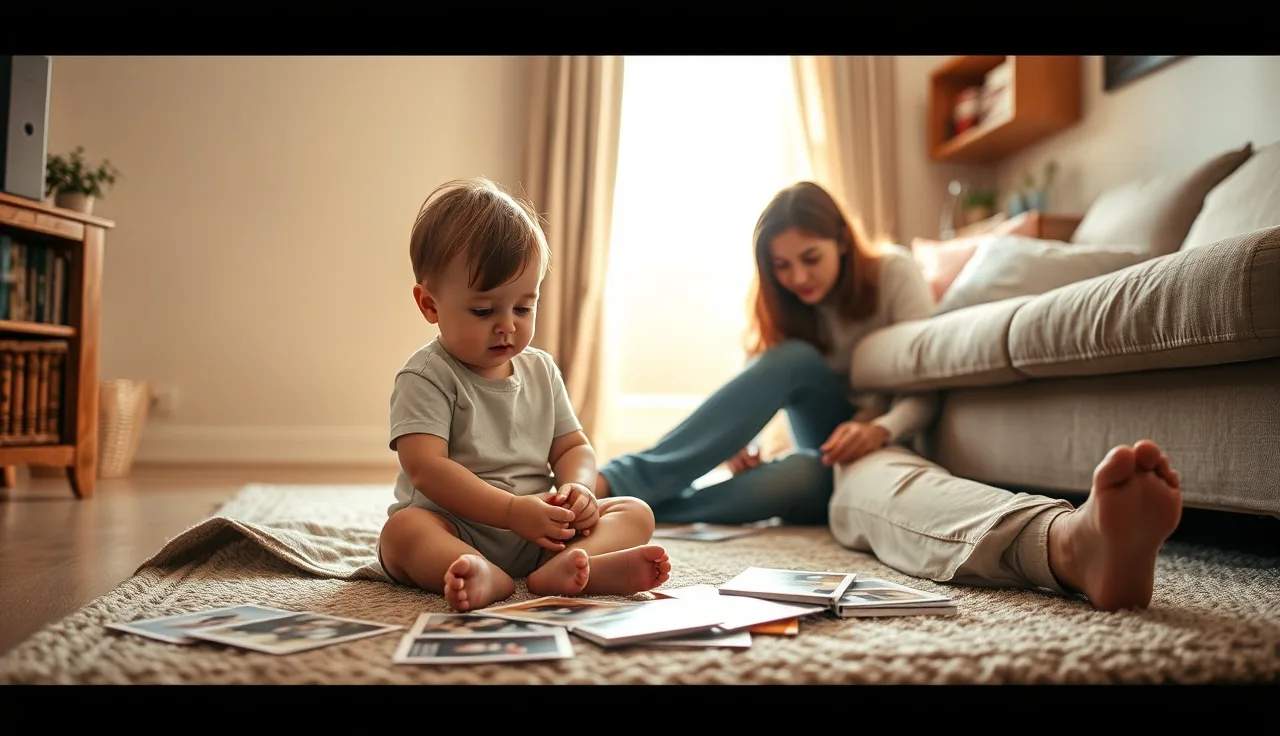 Young autistic child and parent using picture cards for communication at home