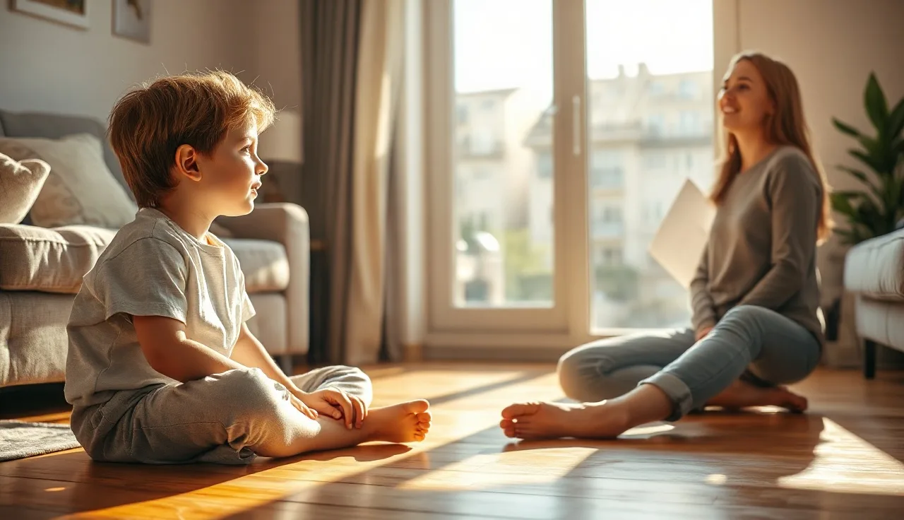 Young child and adult talking on a sunny living room floor, illustrating echolalia communication