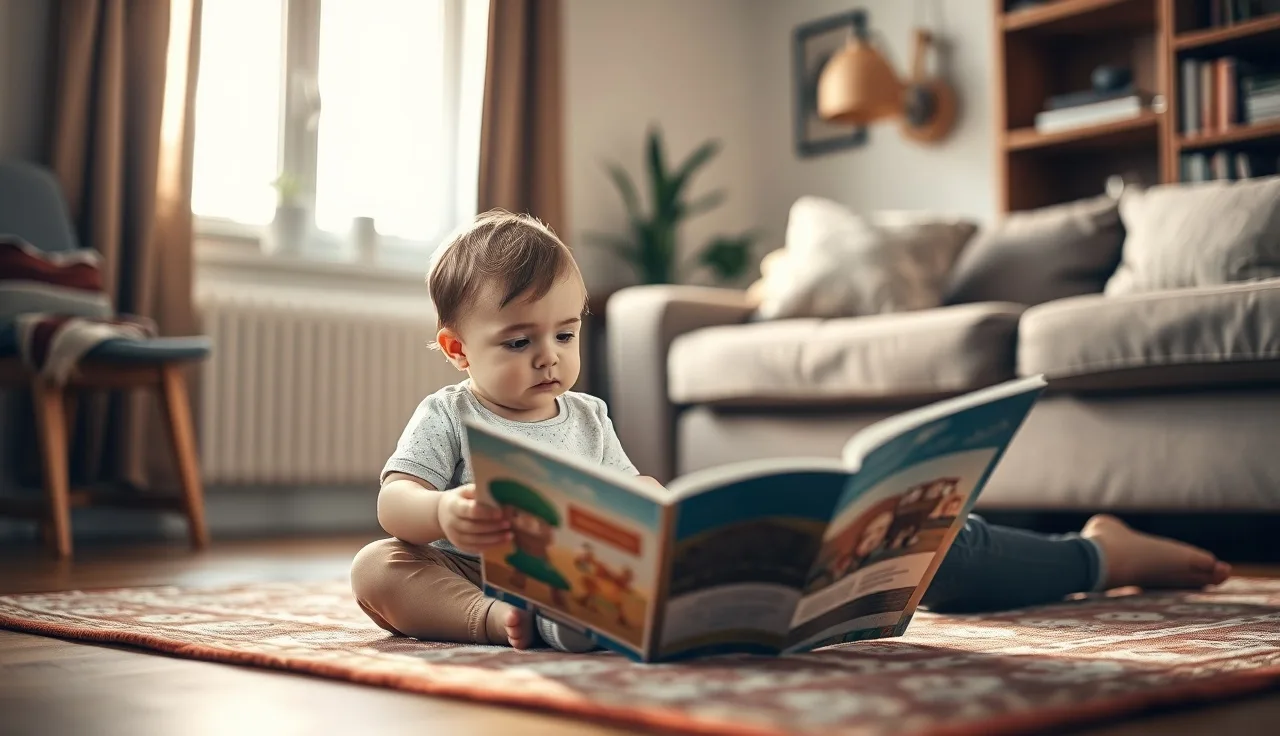 Young child and caregiver reading together on a rug, practicing language