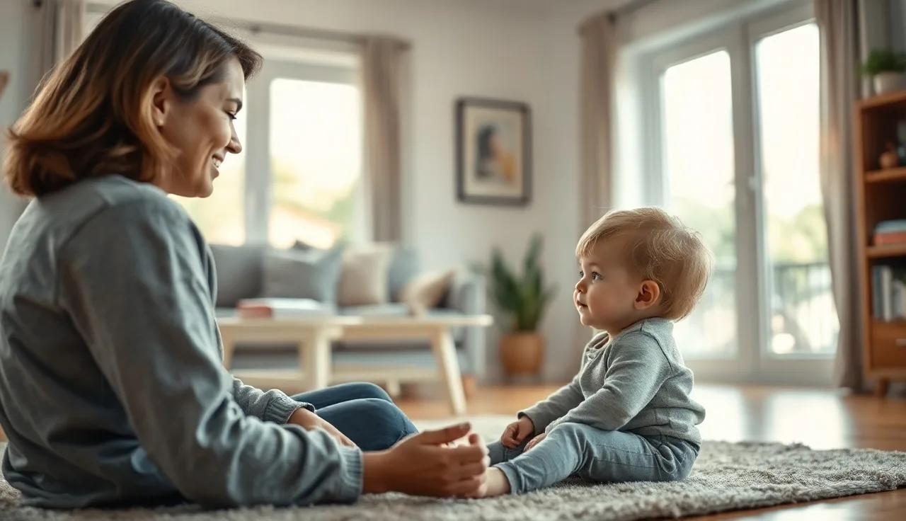 Young child and parent in conversation on a living room floor, illustrating echolalia communication