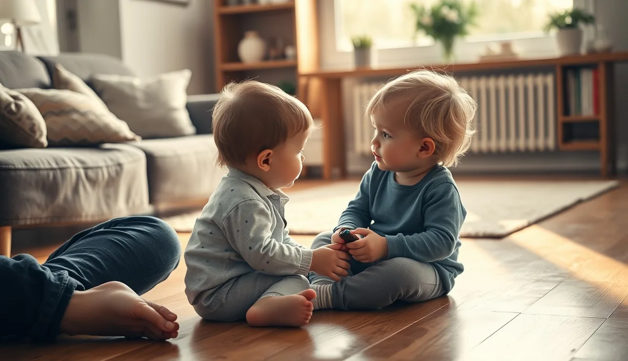 Young autistic child and caregiver in conversation on warm living room floor