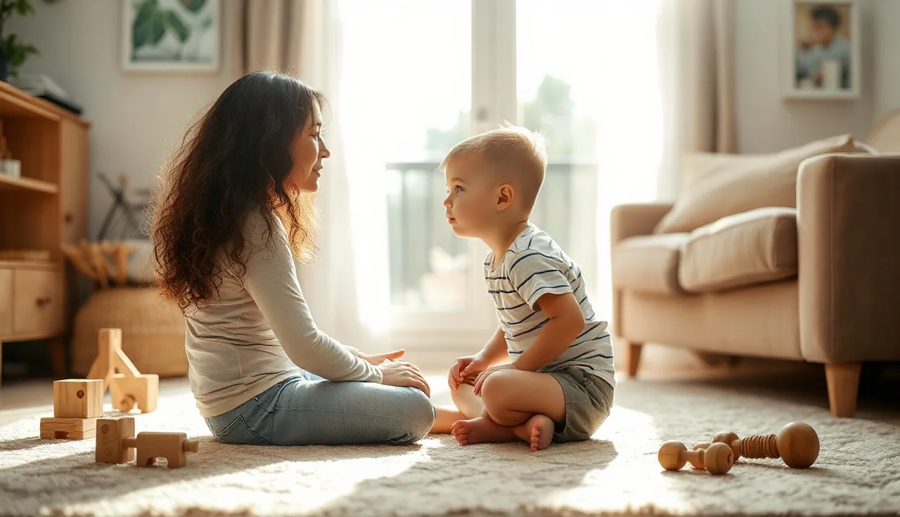 Young child and parent making eye contact during playful communication at home
