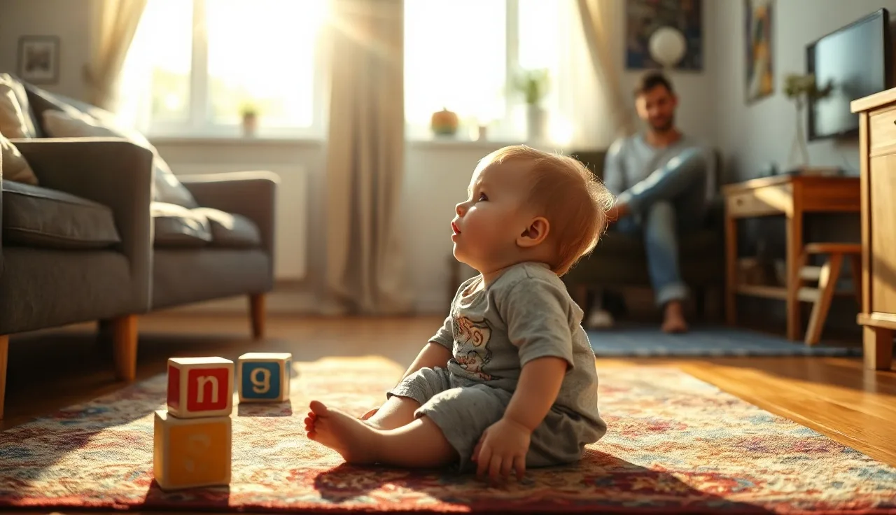 Young child on a rug looking up attentively, practicing communication at home