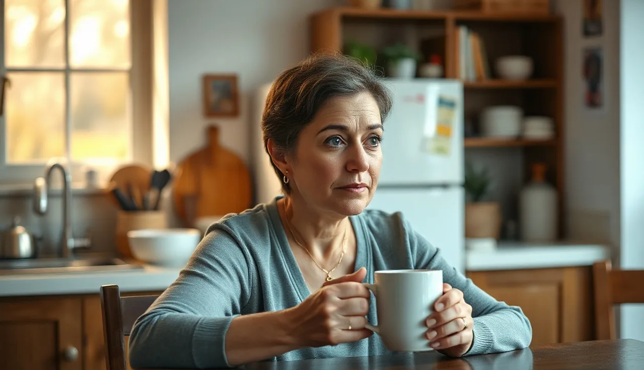 Adult woman at kitchen table lost in thought, illustrating internal communication processing