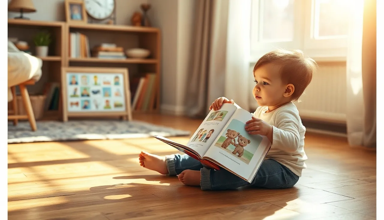 Toddler and parent sitting together with a picture book and communication board nearby