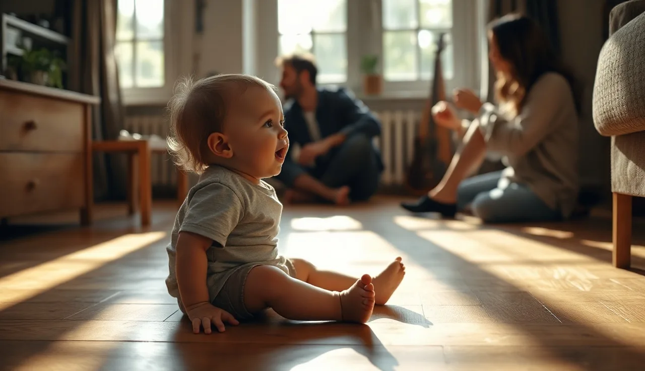 Young child speaking to a parent on a sunlit living room floor