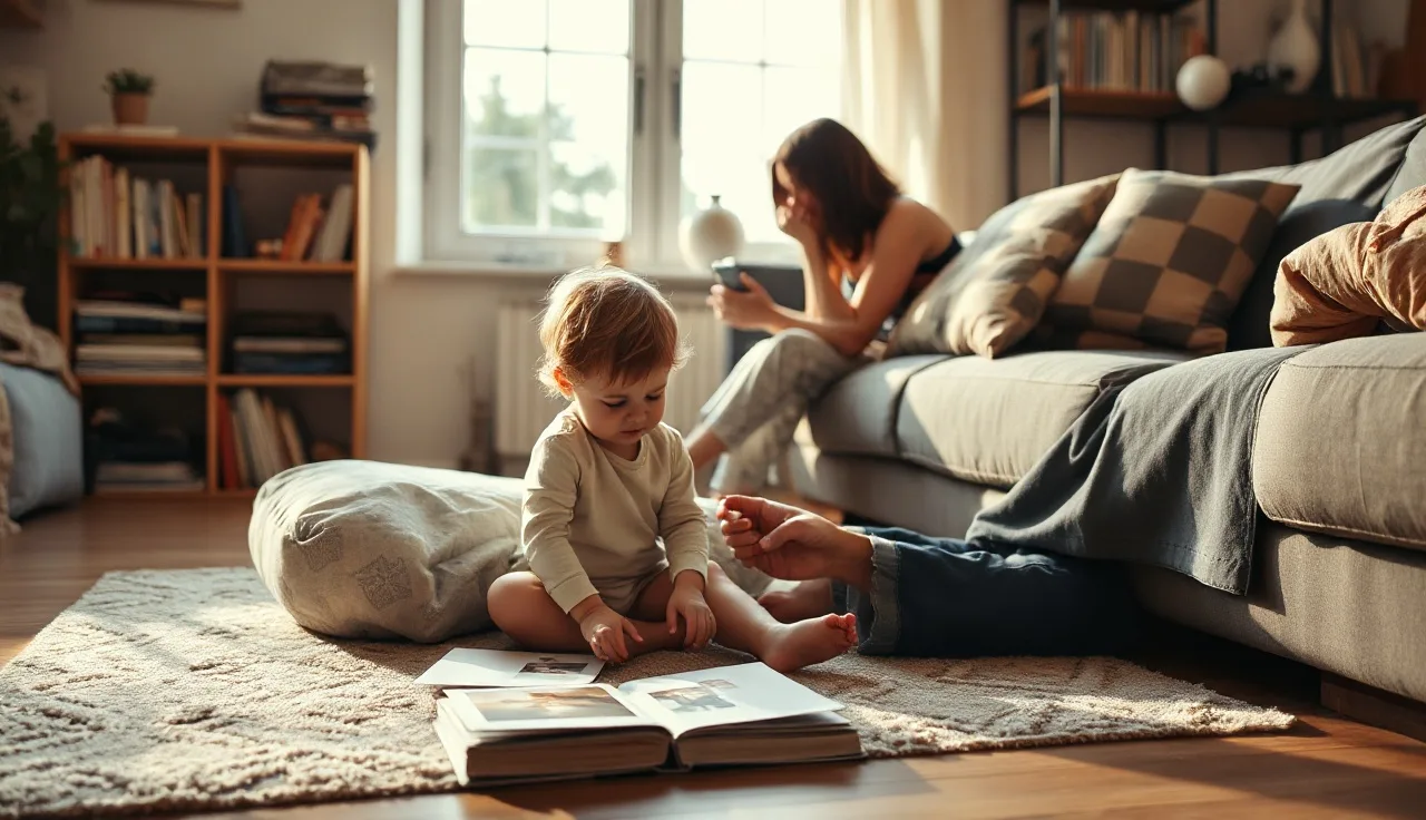 Young child examining picture cards on living room floor during communication activity