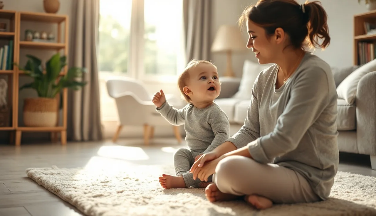 Young child repeating words back to a caregiver during communication play at home