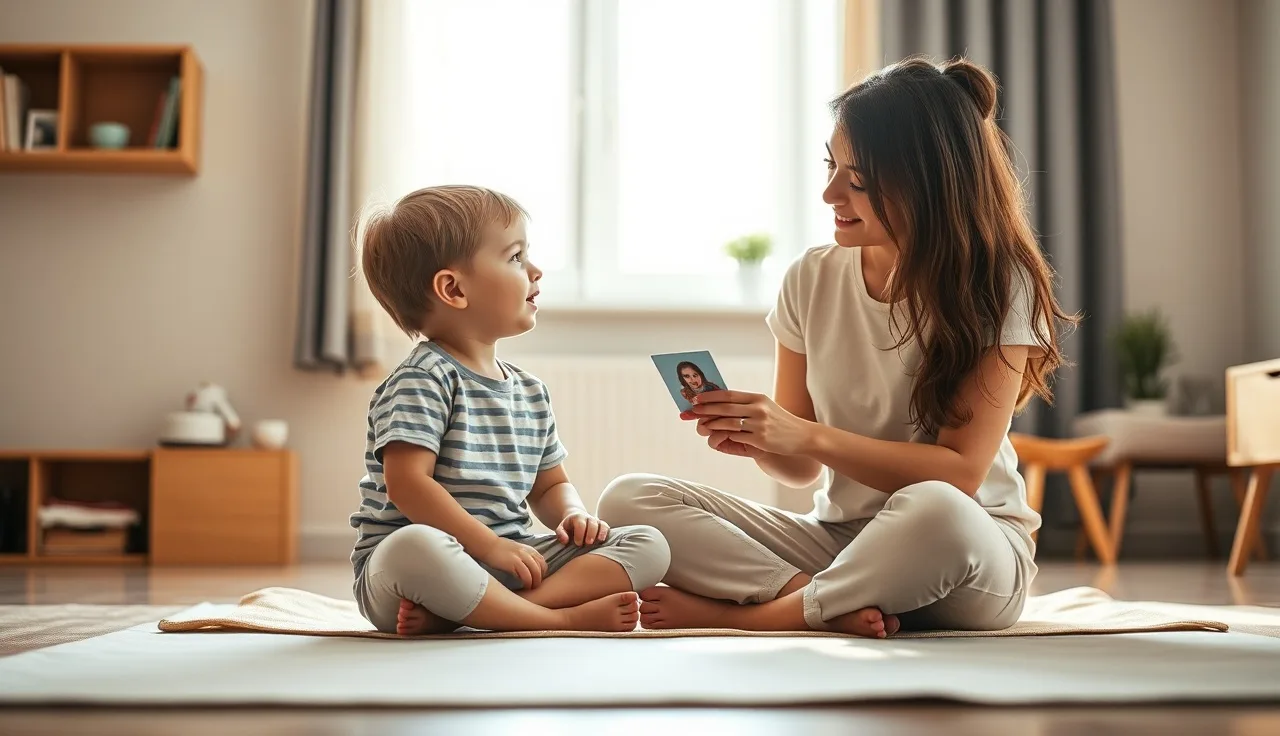Child and speech therapist practicing communication with picture cards on a play mat