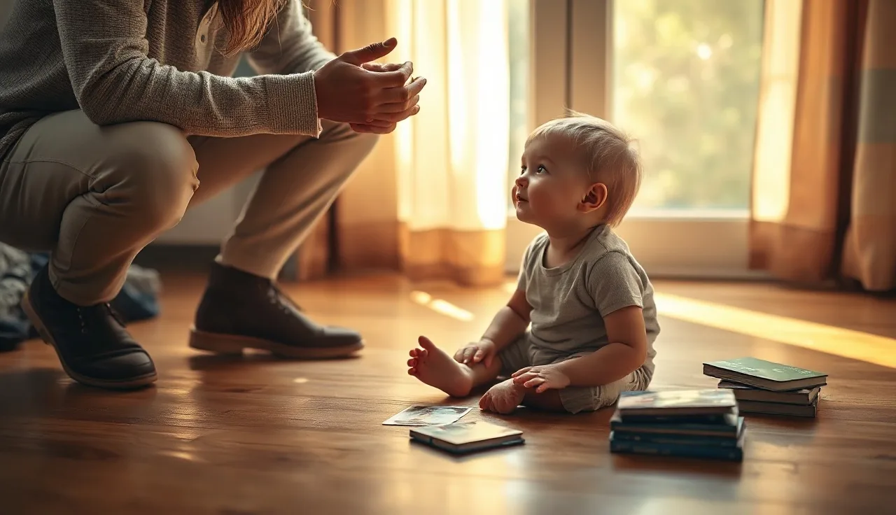 Parent and young child communicating with picture cards on a sunlit floor