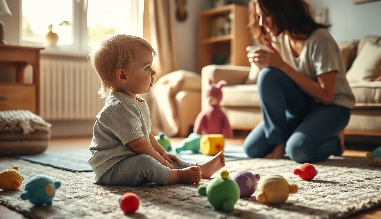 Young child vocalizing on a rug while a parent listens closely nearby