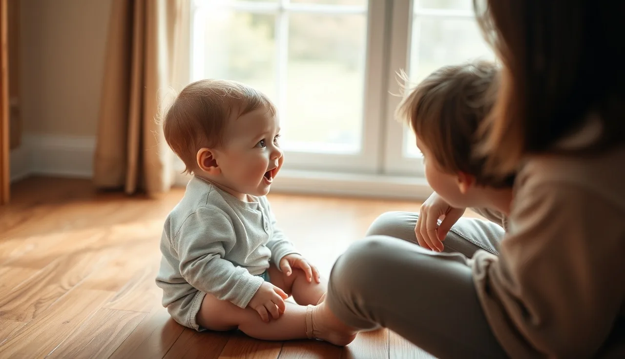 Young child and caregiver talking face to face on a sunlit floor