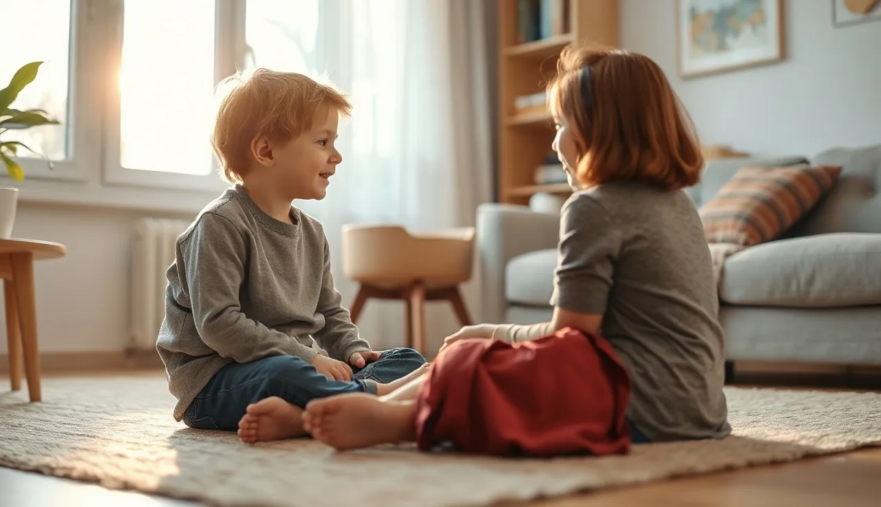 Parent and young child sitting face to face, practicing communication at home