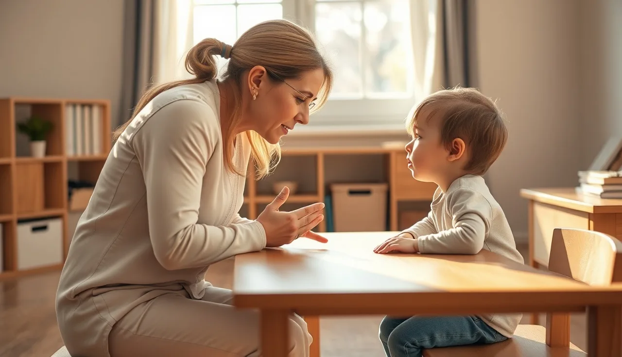 Speech therapist modeling mouth movements for a young child during childhood apraxia of speech therapy session