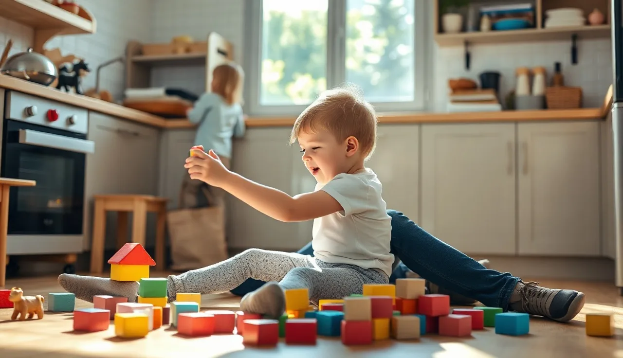Parent and toddler playing with wooden blocks on a sunny kitchen floor