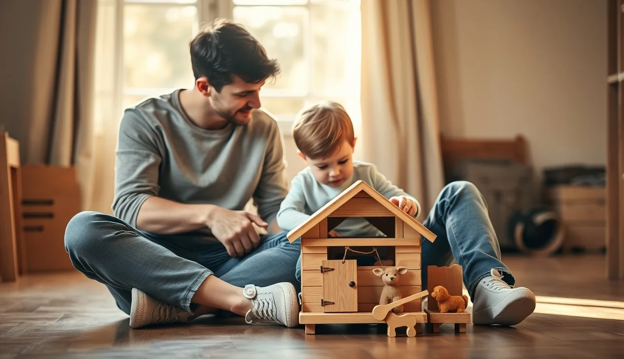 Parent and toddler playing with wooden animal toys on a sunlit floor
