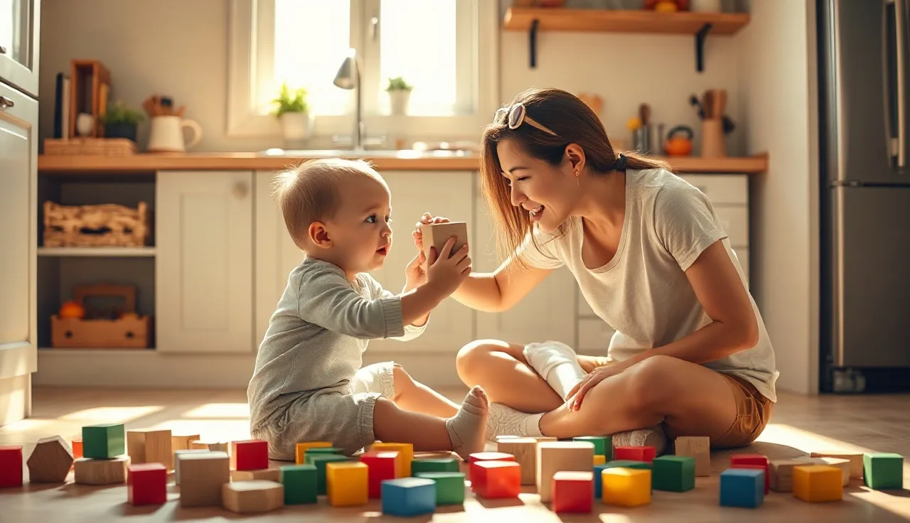 Toddler and parent playing with wooden blocks on a sunlit kitchen floor