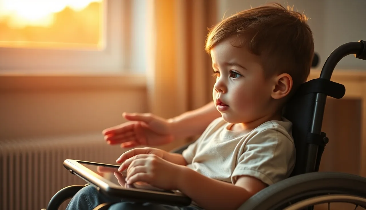 Child using an eye gaze AAC device mounted on a wheelchair tray