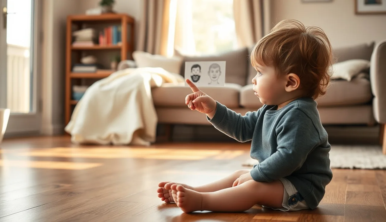 Toddler pointing at a laminated feelings chart mounted on a sunlit living room wall