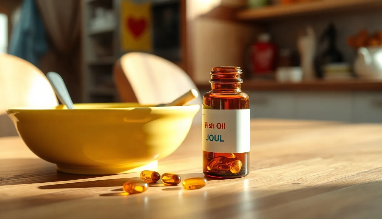 Fish oil capsules on a wooden table near a child's breakfast bowl in morning light