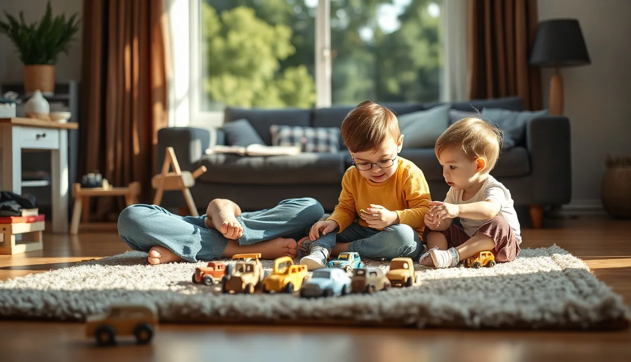 Parent and toddler playing together on living room floor with wooden toy cars