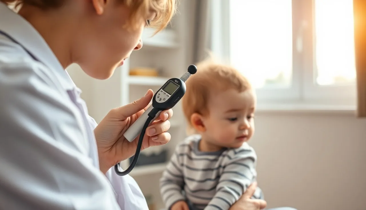 Audiologist examining toddler's ear during hearing evaluation in a clinic room