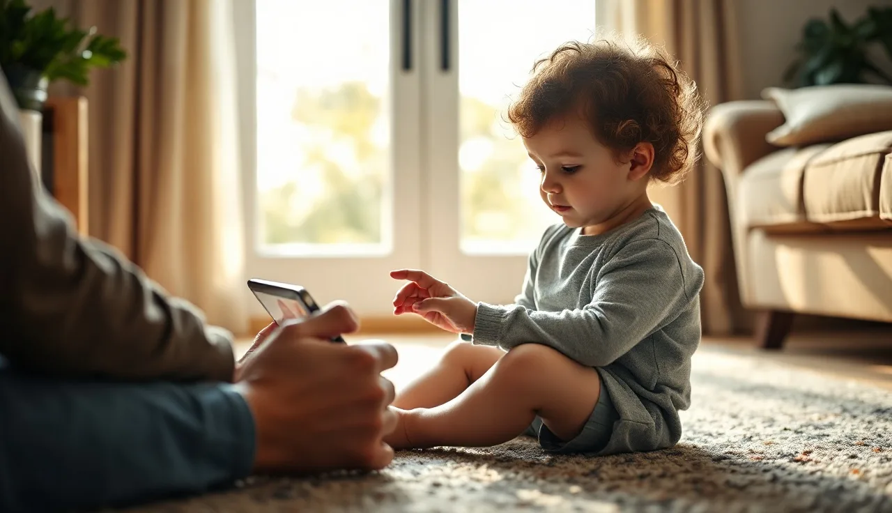 Toddler tapping a tablet screen with a parent sitting nearby on a rug