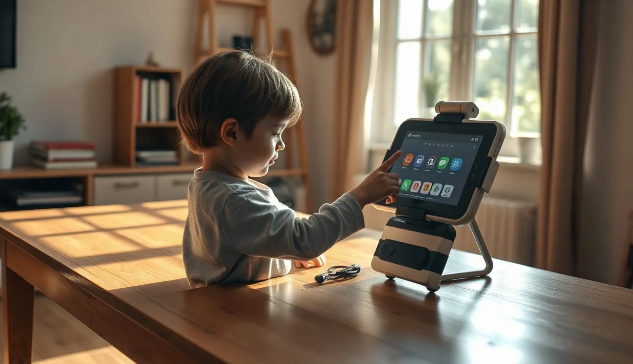 Young child using an AAC tablet device at a sunny home therapy table