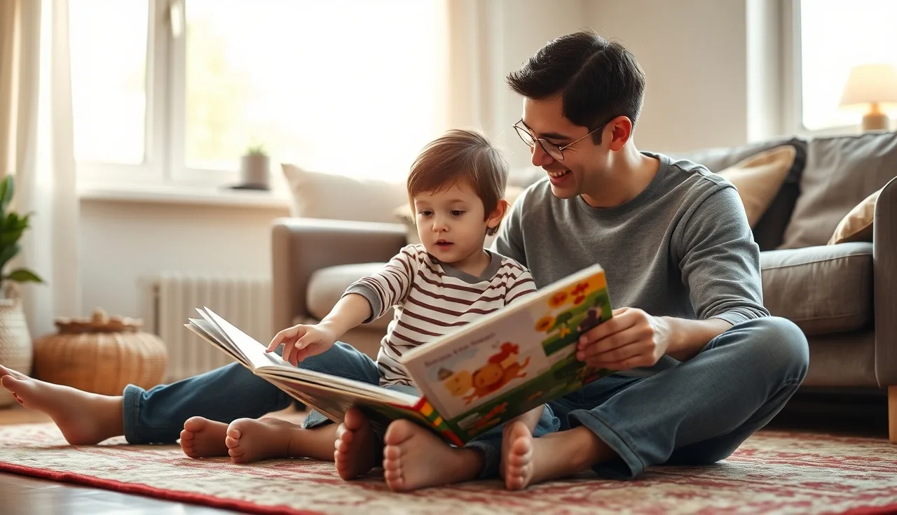 Parent and toddler on rug looking at picture book during speech practice at home