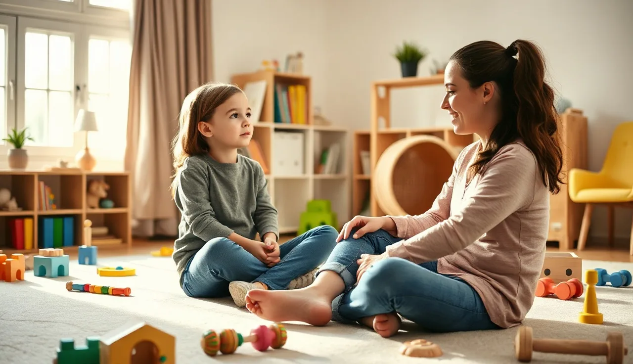 Speech therapist and young child practicing sounds together on a playroom floor