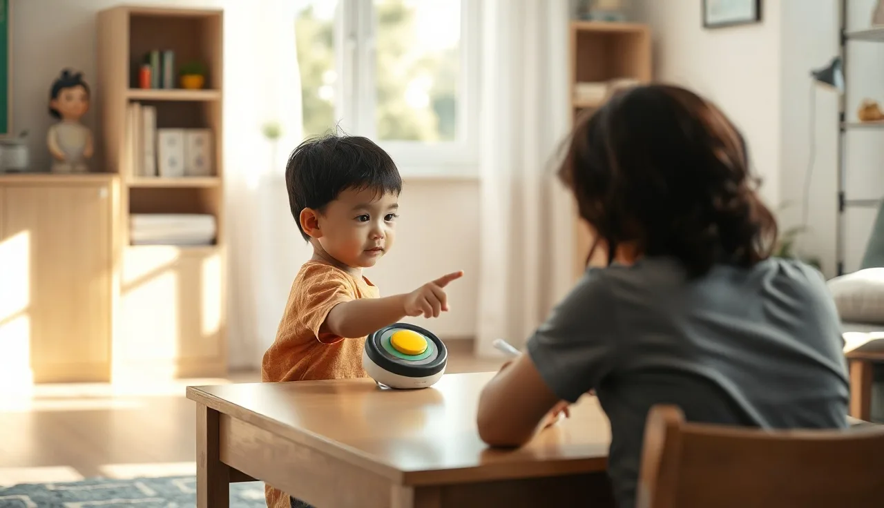 Young child pressing AAC communication button during functional communication training session