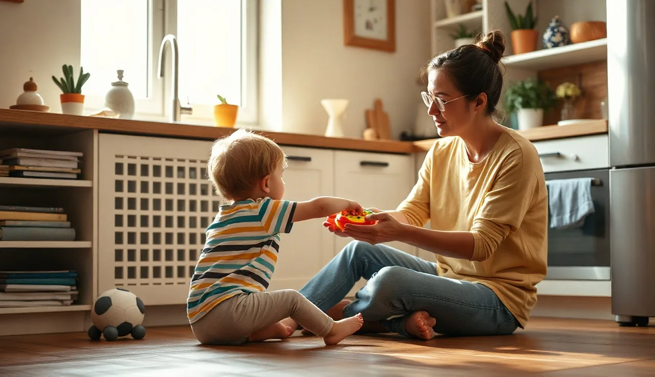 Parent waiting as young child reaches for toy during communication practice at home