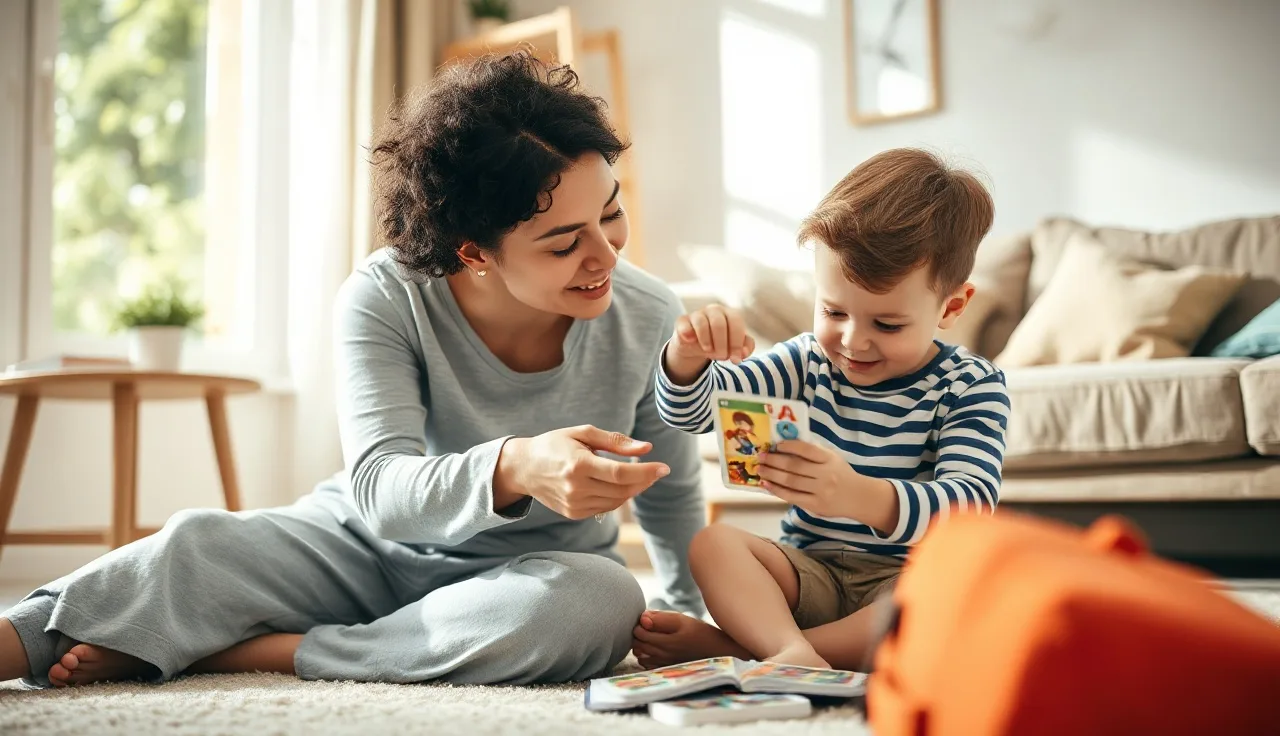 Parent and toddler playing a colorful card game on living room floor together