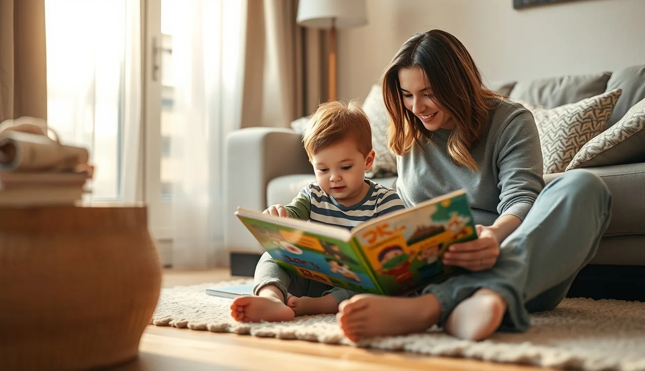Young child and parent reading together on a living room floor, warm natural light