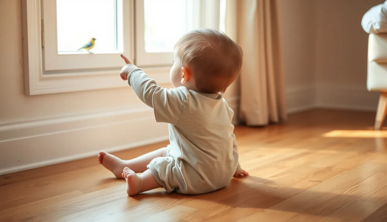 Toddler pointing toward a window bird while parent watches nearby