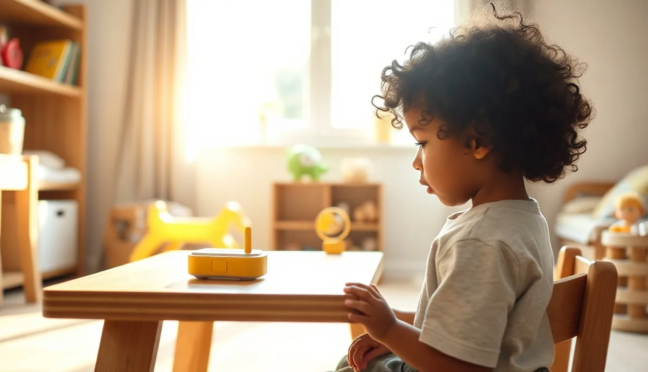Young child pressing buttons on a small yellow AAC speech device at a low table