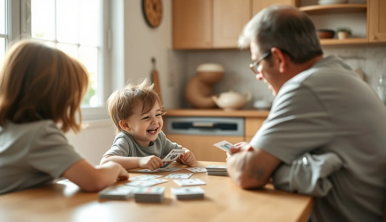 Child and parent playing cards at kitchen table during graduated exposure practice