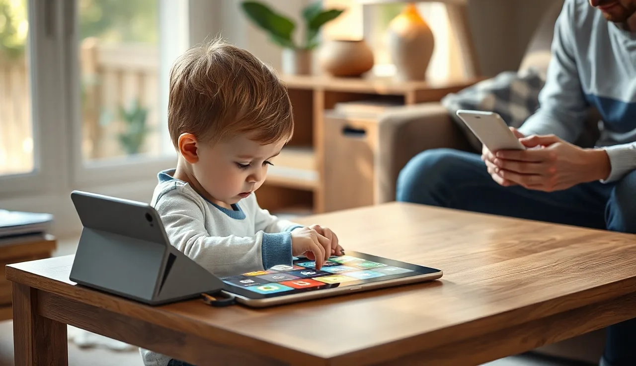 Young child using a symbol-based AAC tablet device at home with parent nearby