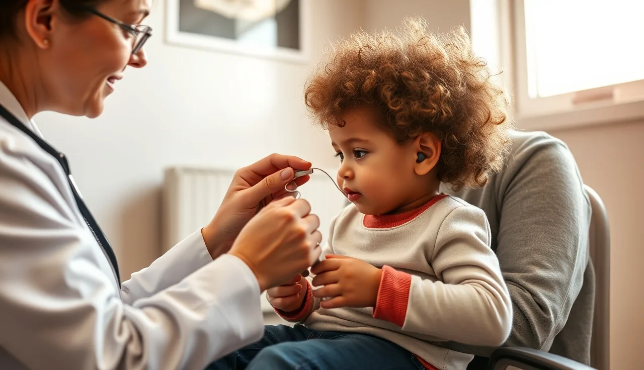 Audiologist placing earphones on a toddler during a hearing evaluation in a clinic