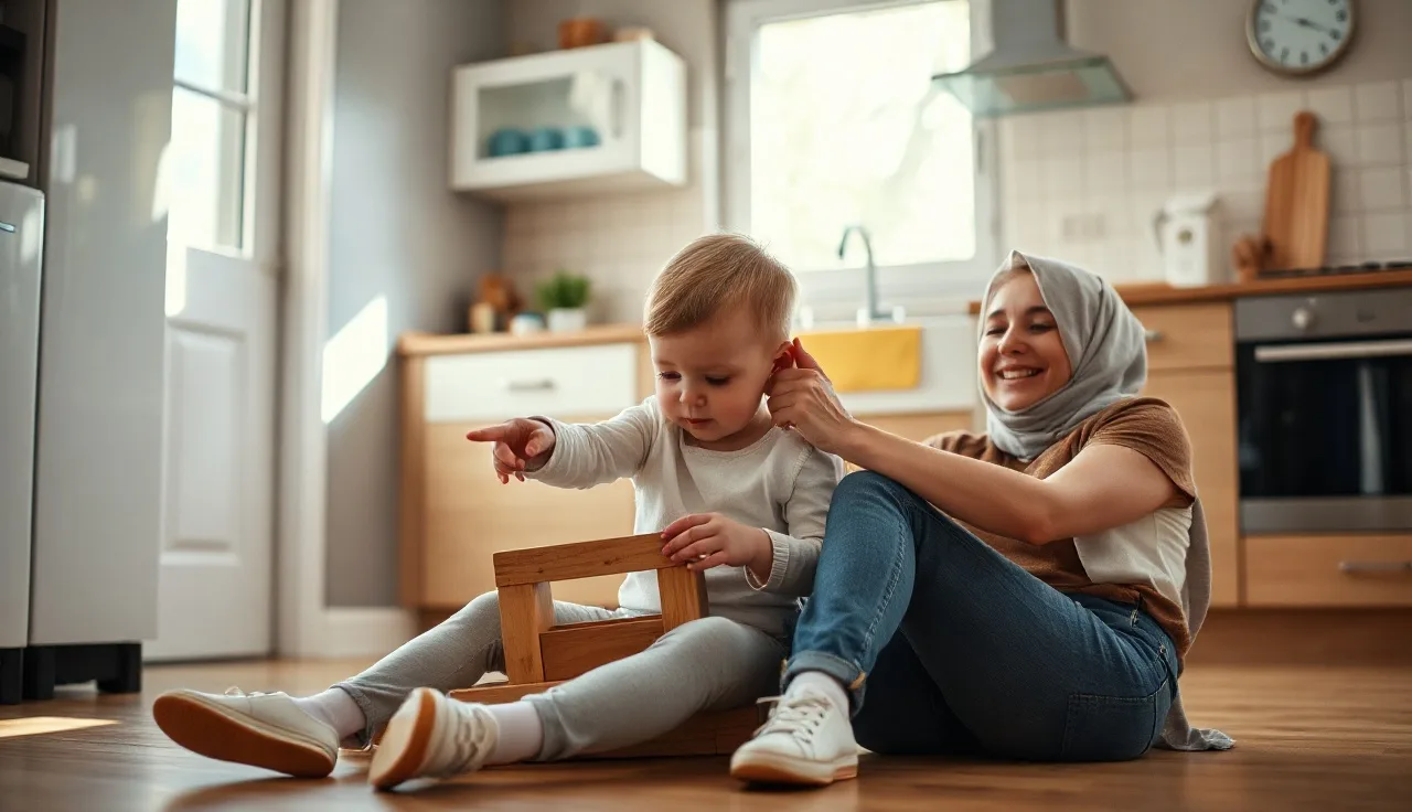 Mother and toddler on kitchen floor, child pointing at toy during conversation